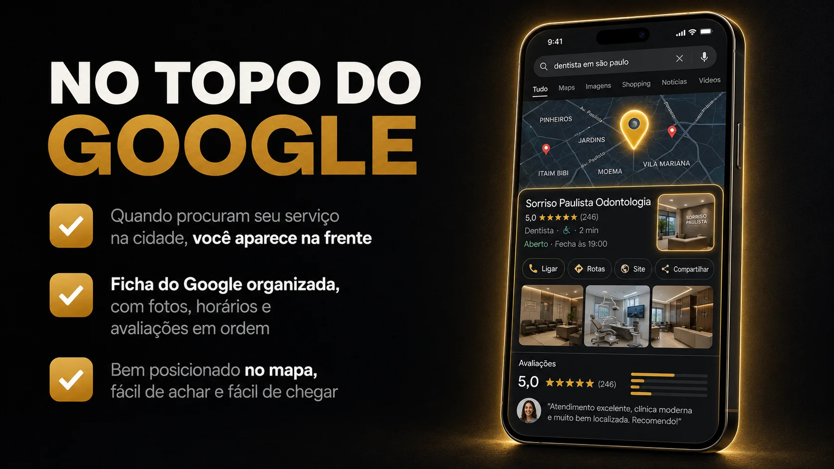 No topo do Google: sua empresa aparece na busca da cidade, ficha organizada e bem posicionada no mapa