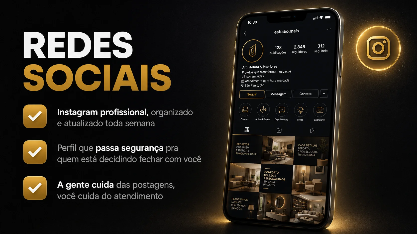 Redes sociais: Instagram profissional, organizado e atualizado toda semana