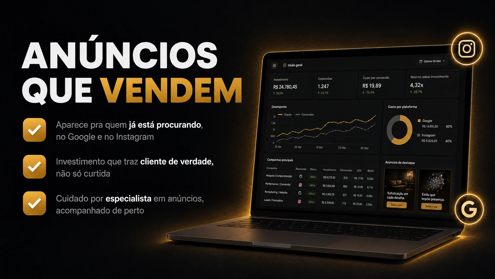 Anúncios que vendem: aparece para quem já está procurando no Google e no Instagram, cuidado por especialista